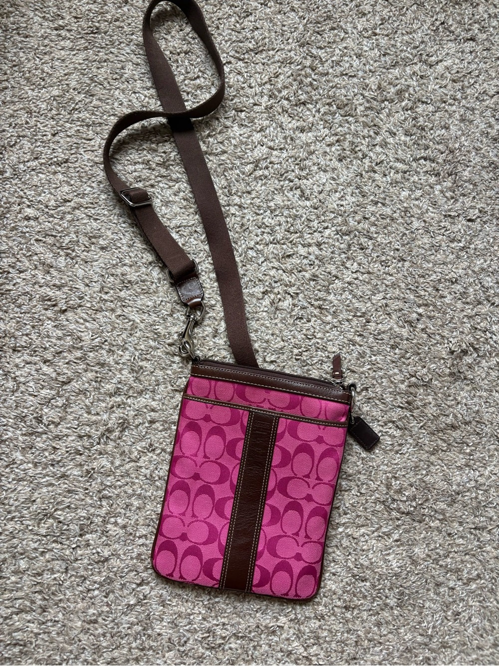 Coach Pink/Brown Signature Crossbody with Brown Trim and Strap